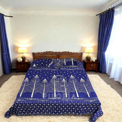 Royal blue velvet bedsheet with jacquard starburst design by Piloria β king-size bedding