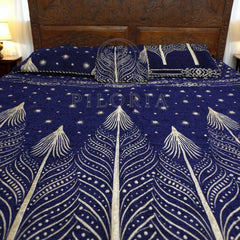 Royal blue velvet bedsheet with jacquard starburst design by Piloria β king-size bedding