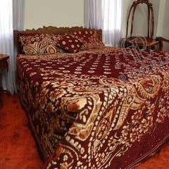Maroon velvet bedsheet with jacquard Mughal floral design by Piloria β king-size luxury bedding