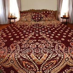Maroon velvet bedsheet with jacquard Mughal floral design by Piloria β king-size luxury bedding