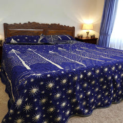 Royal blue velvet bedsheet with jacquard starburst design by Piloria β king-size bedding