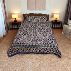 Piloria Luxury Navy Blue Velvet Jacquard King Size Bed Sheet Set with Pillowcases & Cushion - Elegant Floral Pattern