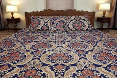 Piloria Luxury Navy Blue Velvet Jacquard King Size Bed Sheet Set with Pillowcases & Cushion - Elegant Floral Pattern