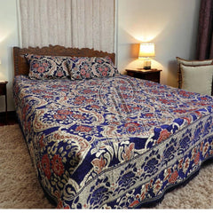 Piloria Luxury Navy Blue Velvet Jacquard King Size Bed Sheet Set with Pillowcases & Cushion - Elegant Floral Pattern