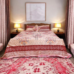 Piloria Velvet Jacquard King Size Bed Sheet Set - Elegant Pink & Red Floral Design