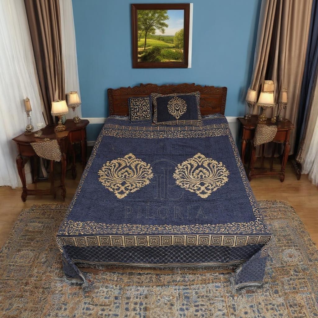 Piloria Velvet Jacquard King Size Bed Sheet Set - Royal Blue & Gold