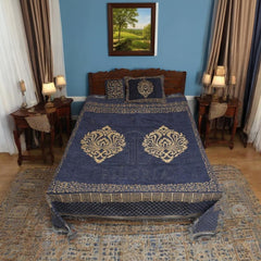 Piloria Velvet Jacquard King Size Bed Sheet Set - Royal Blue & Gold