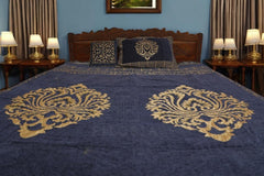 KingSizeJacquardBedSheetSet-ElegantNavyBlueandGoldDesignwithTraditionalBorders