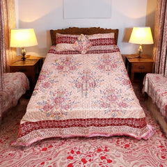 Piloria Velvet Jacquard King Size Bed Sheet Set - Elegant Pink & Red Floral Design