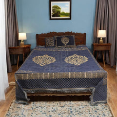 KingSizeJacquardBedSheetSet-ElegantNavyBlueandGoldDesignwithTraditionalBorders