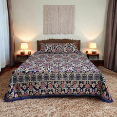 Piloria Luxury Navy Blue Velvet Jacquard King Size Bed Sheet Set with Pillowcases & Cushion - Elegant Floral Pattern