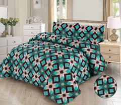 Patterned bedspread set on a bed in a bedroom with a round view of the design.