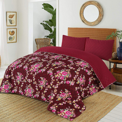 Shaakh-e-Shaam – Maroon Floral Comforter Set with Quilted Pillows (6-Piece Bedding Collection)