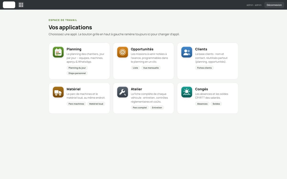 Le menu de l'espace de travail, données d'exemple