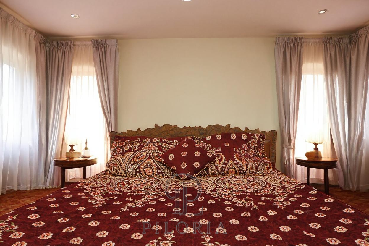 Maroon velvet bedsheet with jacquard Mughal floral design by Piloria – king-size luxury bedding
