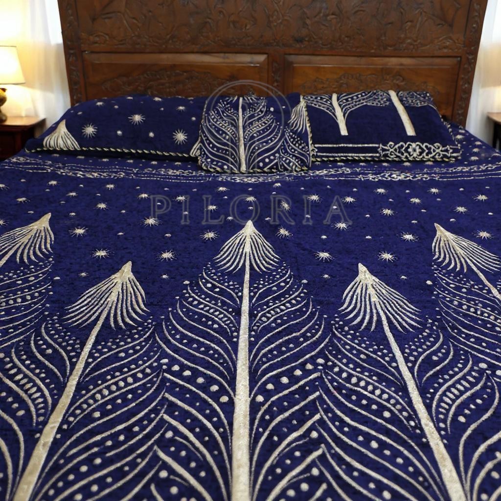 Royal blue velvet bedsheet with jacquard starburst design by Piloria – king-size bedding