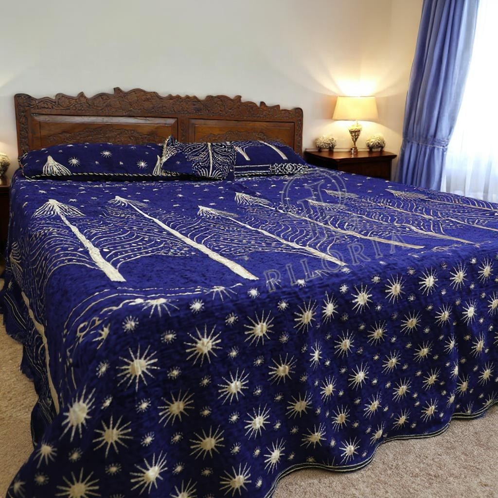 Royal blue velvet bedsheet with jacquard starburst design by Piloria – king-size bedding