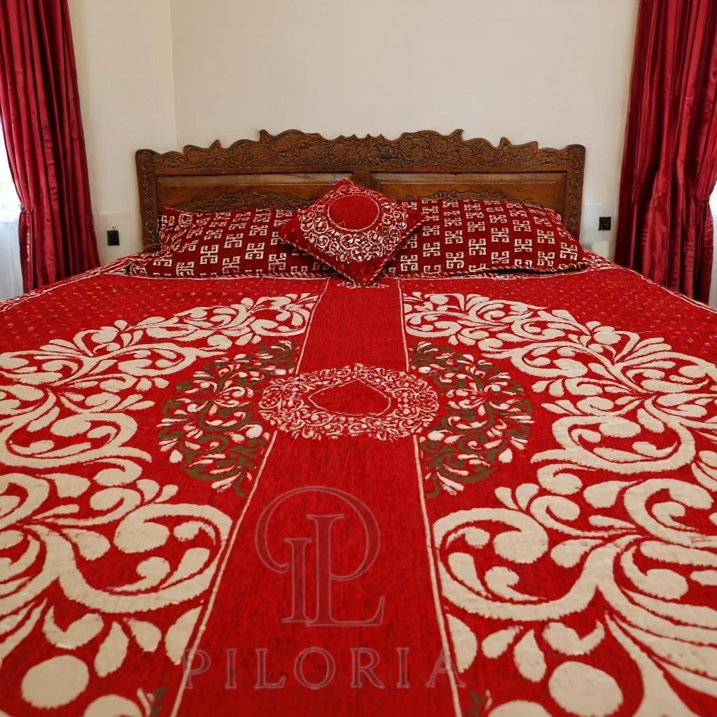 Premium_Red_Velvet_Jacquard_Bed_Sheet_Set_-_Elegant_Floral_Design_with_Geometric_Borders