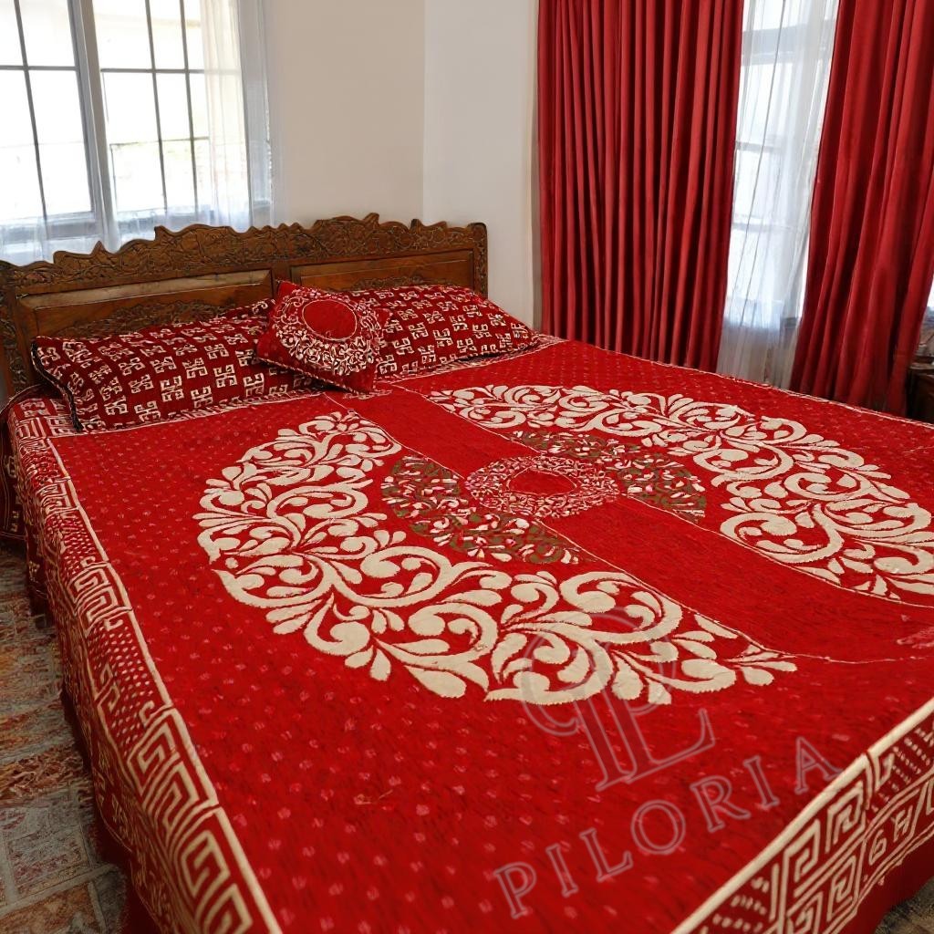 Premium_Red_Velvet_Jacquard_Bed_Sheet_Set_-_Elegant_Floral_Design_with_Geometric_Borders