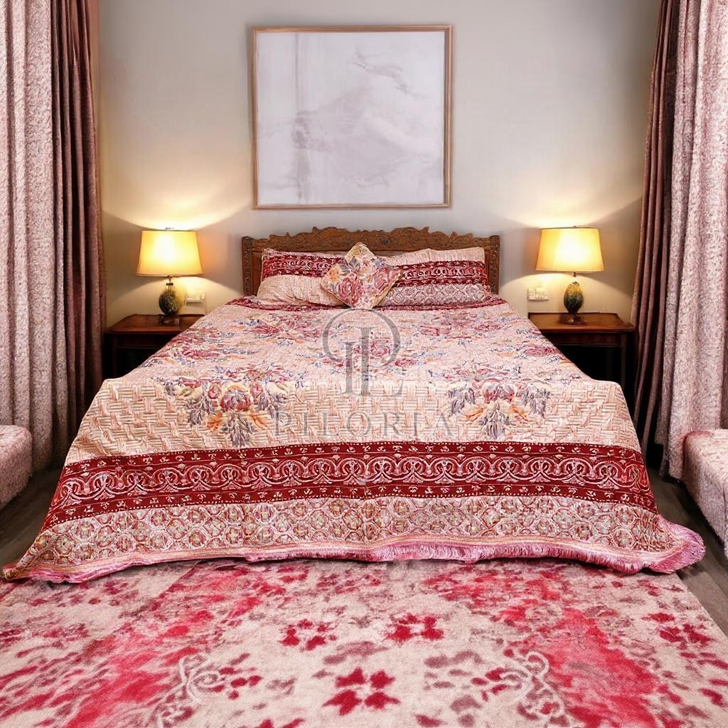 Piloria Velvet Jacquard King Size Bed Sheet Set - Elegant Pink & Red Floral Design