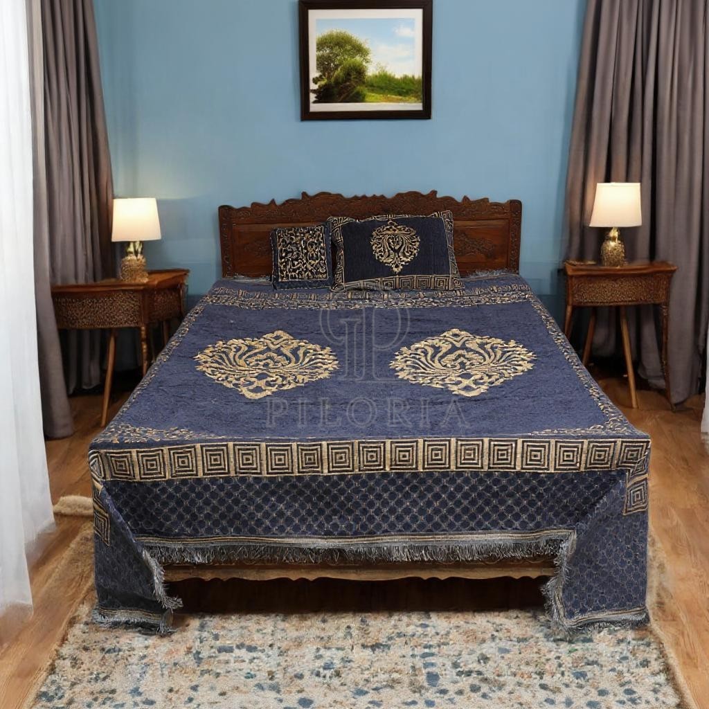 KingSizeJacquardBedSheetSet-ElegantNavyBlueandGoldDesignwithTraditionalBorders