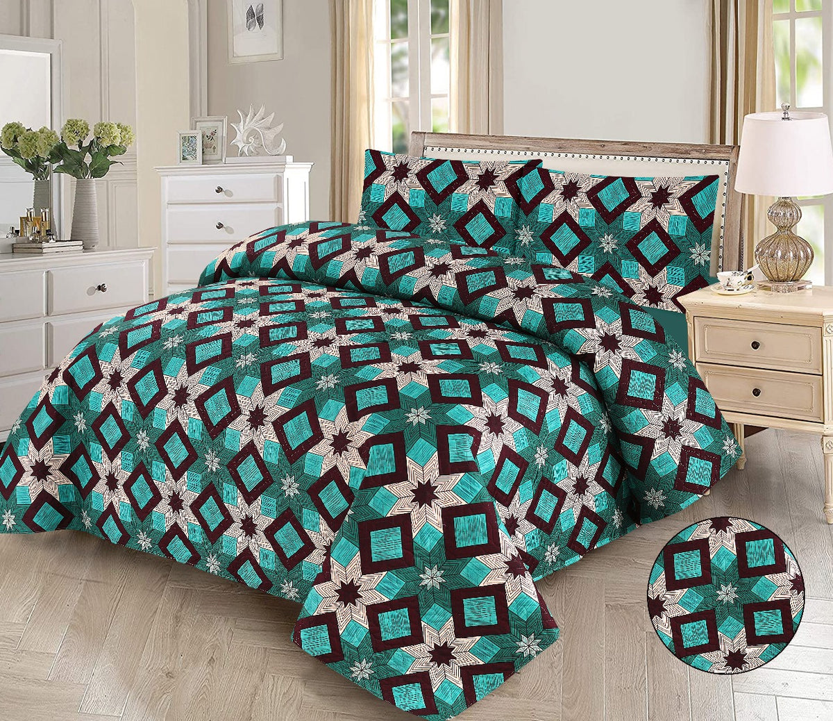 Patterned bedspread set on a bed in a bedroom with a round view of the design.
