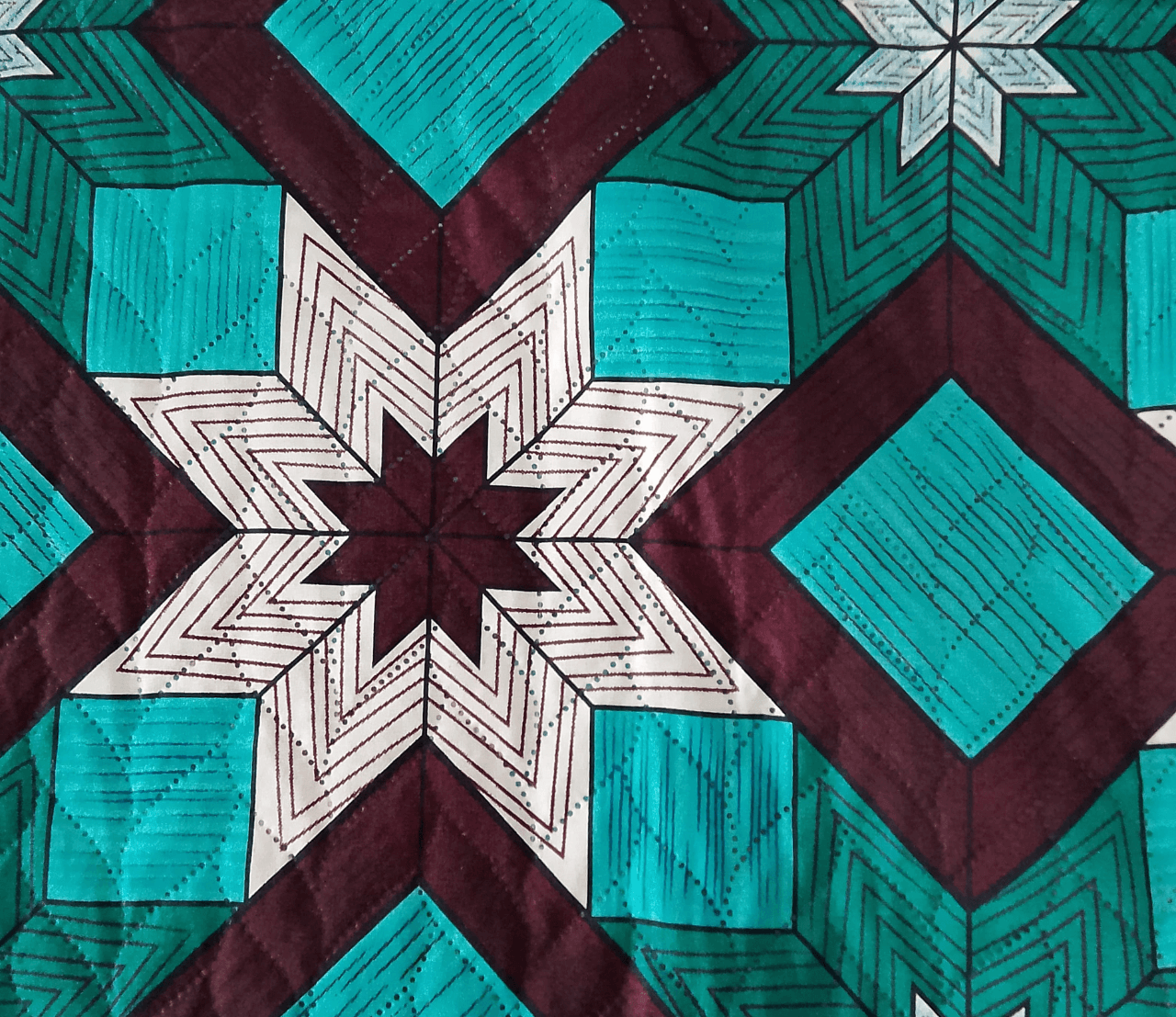 Naqsh-e-Rung – Teal & Maroon Geometric Quilted Bedspread