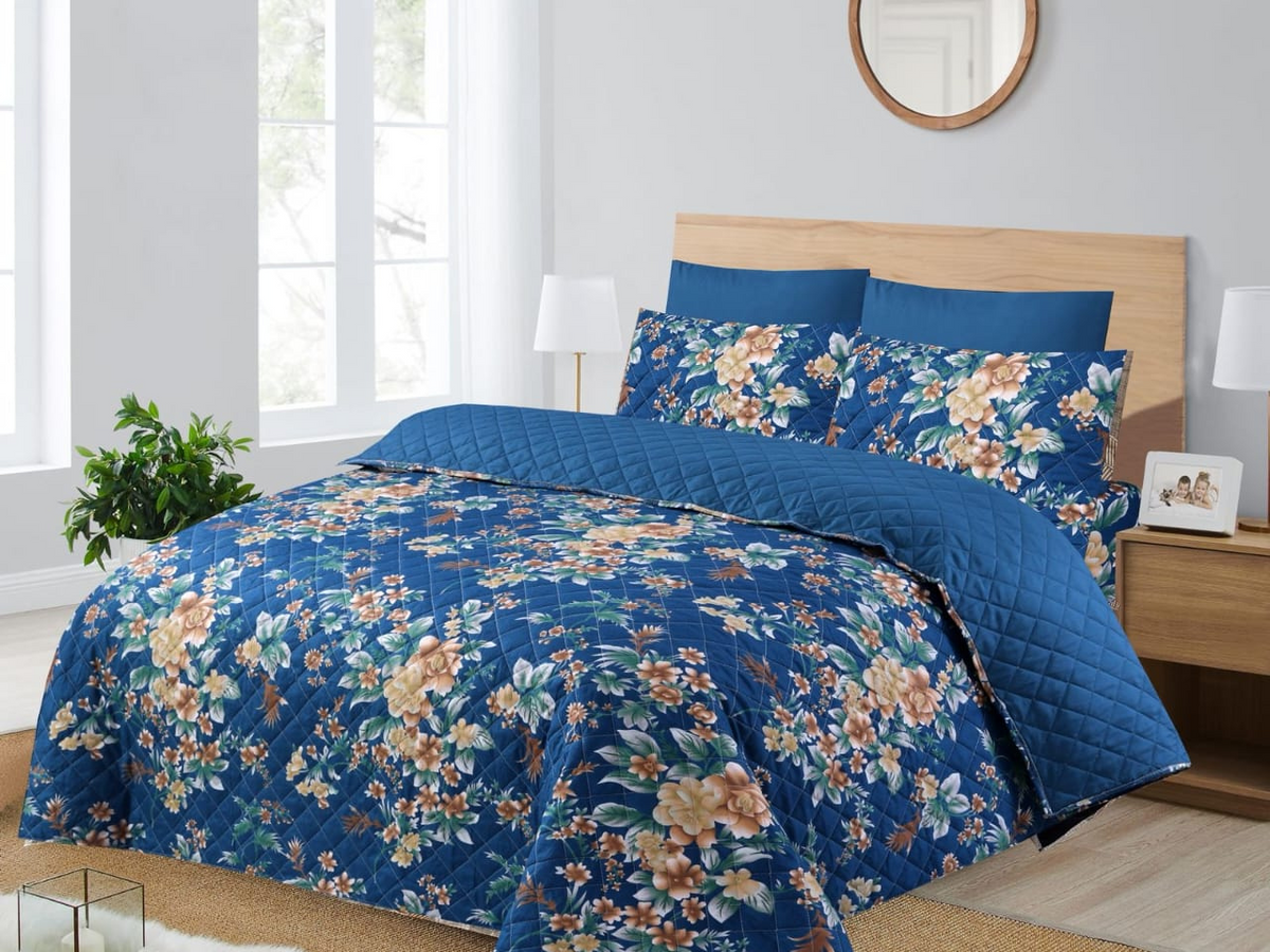 Piloria Morning Bloom – 6-Piece Blue Floral Comforter Set with Peach Accents